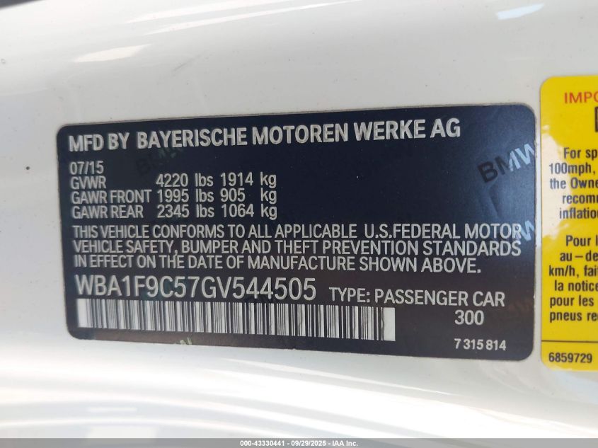 2016 BMW 228I VIN: WBA1F9C57GV544505 Lot: 43330441