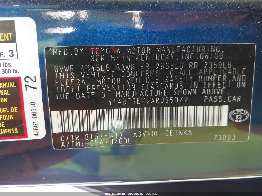 2010 Toyota Camry Le VIN: 4T4BF3EK2AR035072 Lot: 43330443