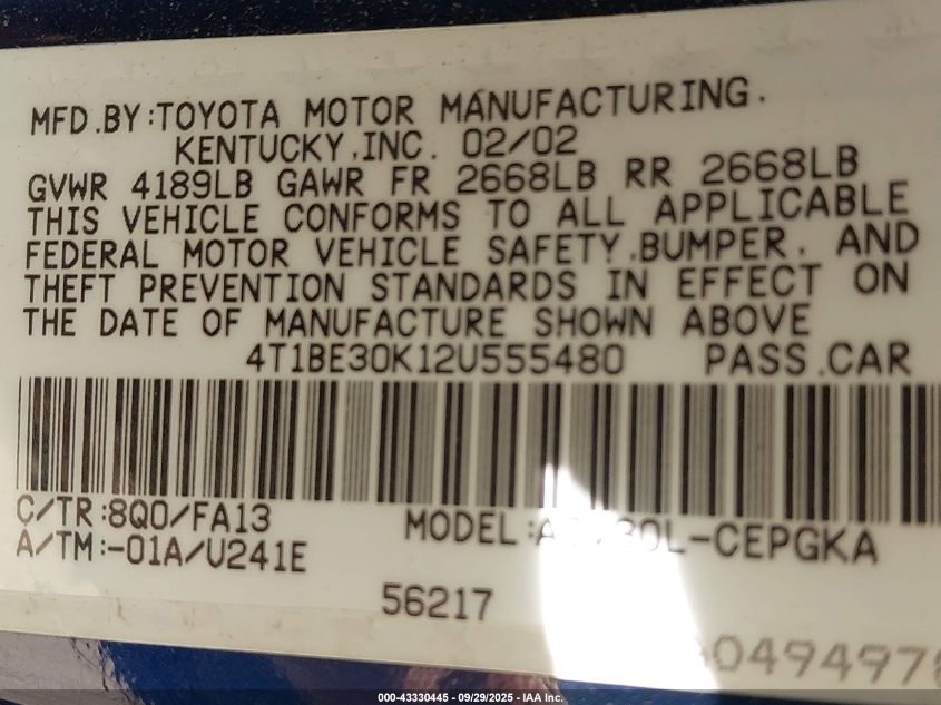 2002 Toyota Camry Xle VIN: 4T1BE30K12U555480 Lot: 43330445