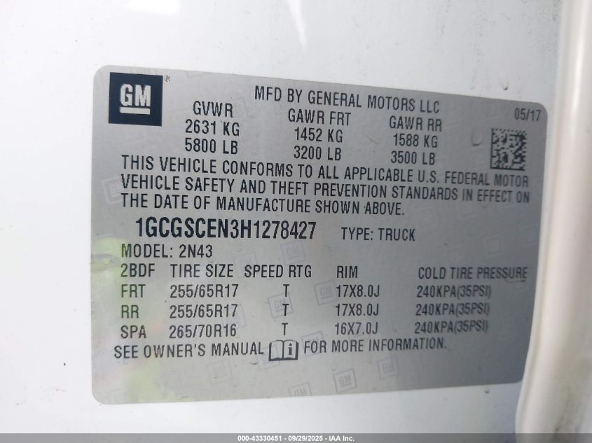 2017 Chevrolet Colorado Lt VIN: 1GCGSCEN3H1278427 Lot: 43330451