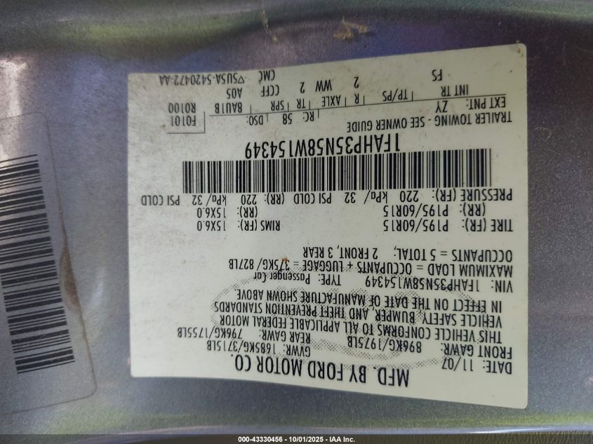 2008 Ford Focus Se/Ses VIN: 1FAHP35N58W154349 Lot: 43330456