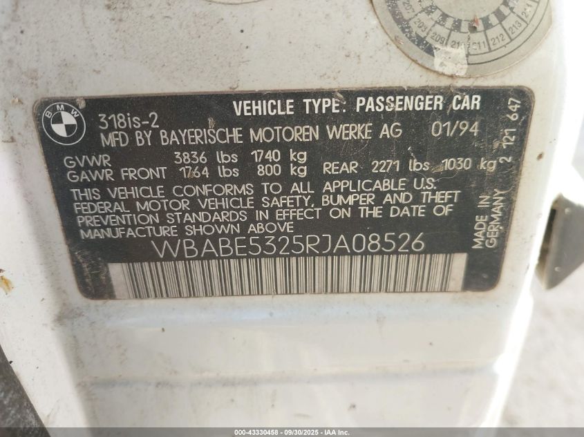 1994 BMW 318 Is VIN: WBABE5325RJA08526 Lot: 43330458