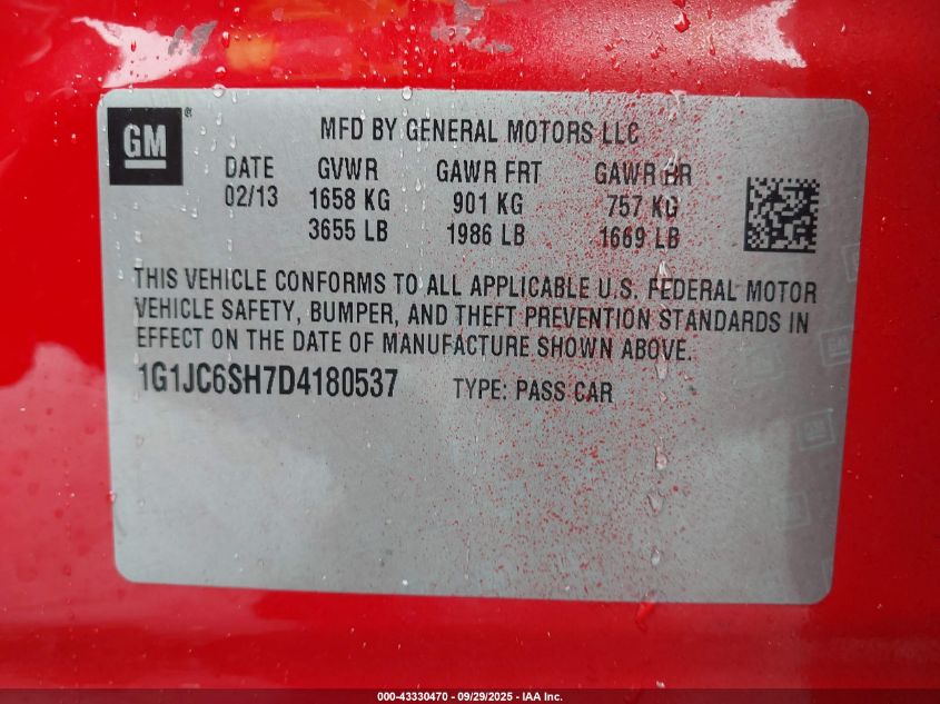 2013 Chevrolet Sonic Lt Auto VIN: 1G1JC6SH7D4180537 Lot: 43330470