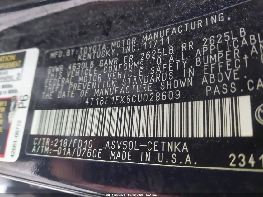 2012 Toyota Camry Le VIN: 4T1BF1FK6CU028609 Lot: 43330473