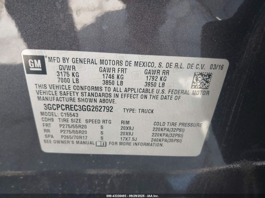 2016 Chevrolet Silverado 1500 1Lt VIN: 3GCPCREC3GG262792 Lot: 43330493