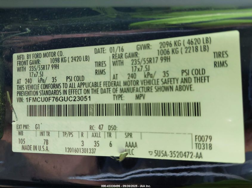 2016 Ford Escape S VIN: 1FMCU0F76GUC23051 Lot: 43330496