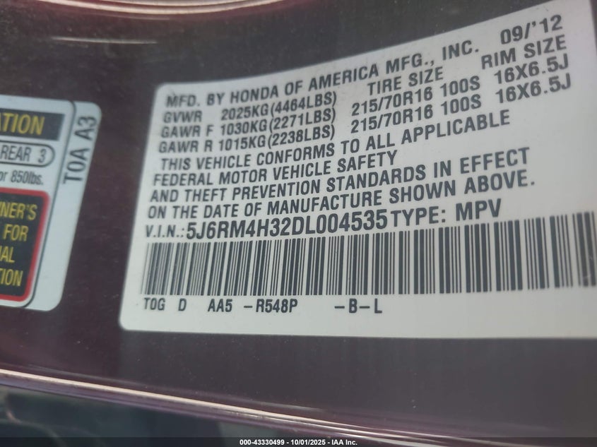 2013 HONDA CR-V LX - 5J6RM4H32DL004535