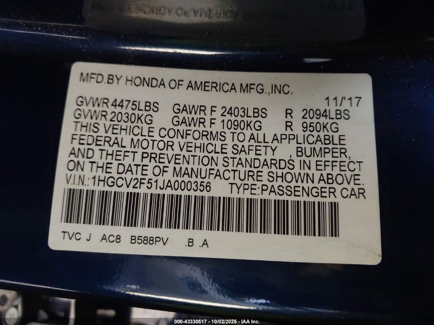 2018 Honda Accord Ex-L 2.0T VIN: 1HGCV2F51JA000356 Lot: 43330517