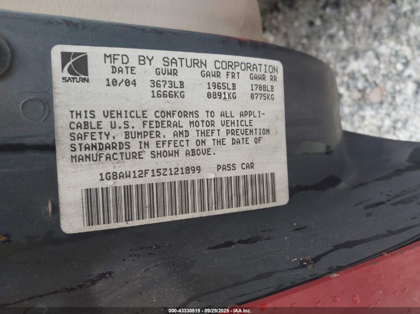 2005 Saturn Ion 3 VIN: 1G8AW12F15Z121899 Lot: 43330519