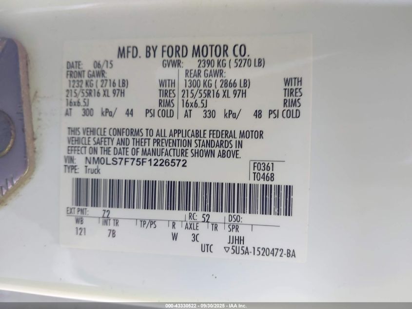 2015 Ford Transit Connect Xlt VIN: NM0LS7F75F1226572 Lot: 43330522