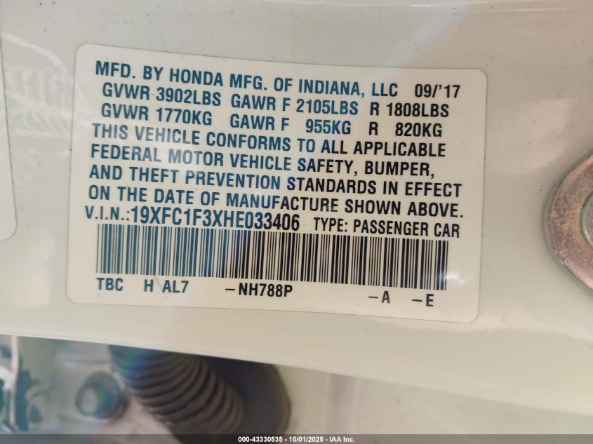 2017 Honda Civic Ex-T VIN: 19XFC1F3XHE033406 Lot: 43330535