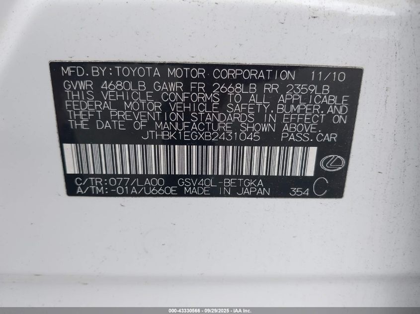 2011 Lexus Es 350 VIN: JTHBK1EGXB2431045 Lot: 43330566