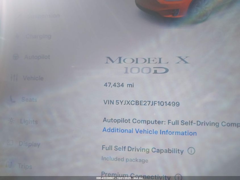2018 Tesla Model X 100D/75D/P100D VIN: 5YJXCBE27JF101499 Lot: 43330567