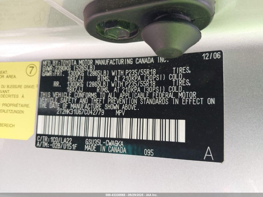 2007 Lexus Rx 350 VIN: 2T2HK31U67C042779 Lot: 43330568