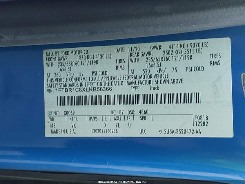Vin: 1ftbr1c8xlkb56366, lot: 43825283, ford transit-250 20204
