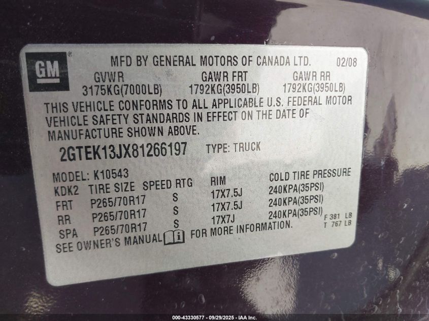 2008 GMC Sierra 1500 Sle2 VIN: 2GTEK13JX81266197 Lot: 43330577