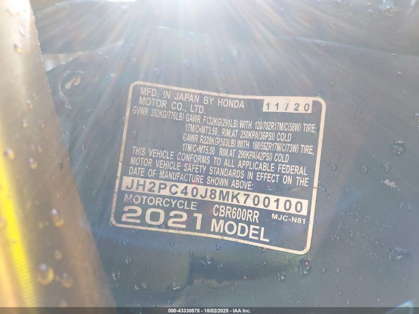2021 Honda Cbr600 Rr VIN: JH2PC40J8MK700100 Lot: 43330578