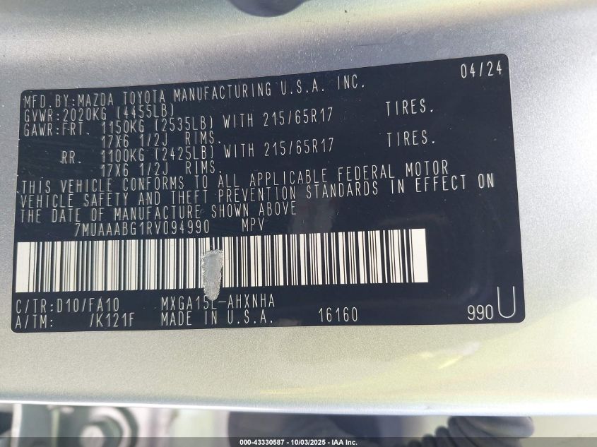 2024 Toyota Corolla Cross L VIN: 7MUAAABG1RV094990 Lot: 43330587