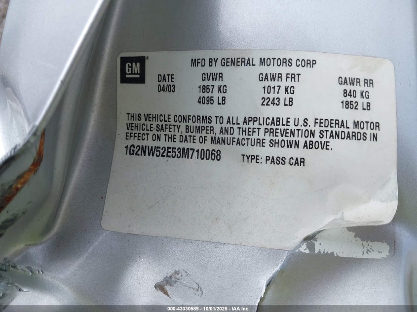 2003 Pontiac Grand Am Gt VIN: 1G2NW52E53M710068 Lot: 43330589