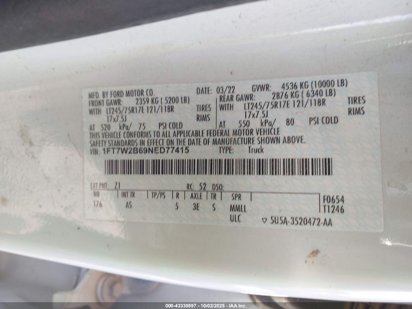 2022 Ford F-250 Xl VIN: 1FT7W2B69NED77415 Lot: 43330597
