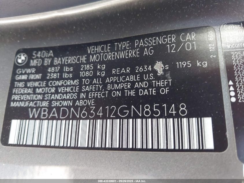 2002 BMW 540Ia VIN: WBADN63412GN85148 Lot: 43330601
