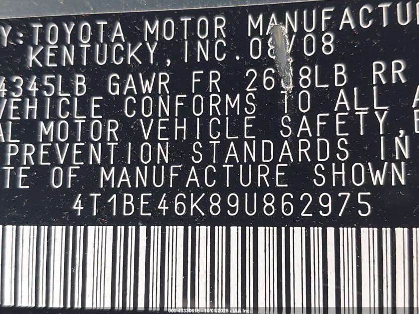 2009 Toyota Camry Le VIN: 4T1BE46K89U862975 Lot: 43330618