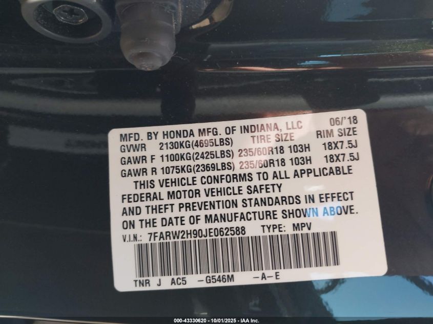 2018 Honda Cr-V Touring VIN: 7FARW2H90JE062588 Lot: 43330620