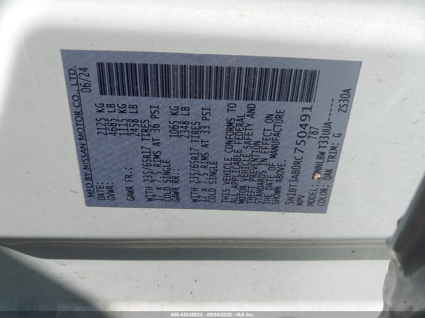 2024 Nissan Rogue S Intelligent Awd VIN: 5N1BT3AB0RC750491 Lot: 43330622