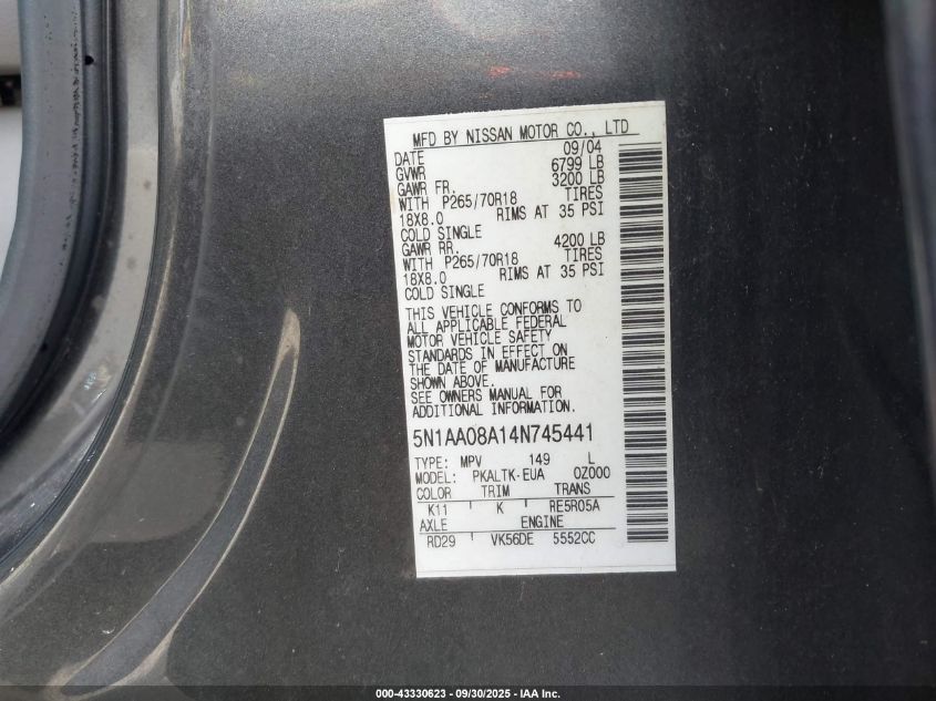2004 Nissan Pathfinder Armada Se VIN: 5N1AA08A14N745441 Lot: 43330623
