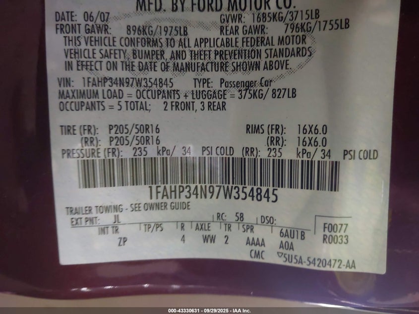 2007 Ford Focus S/Se/Ses VIN: 1FAHP34N97W354845 Lot: 43330631