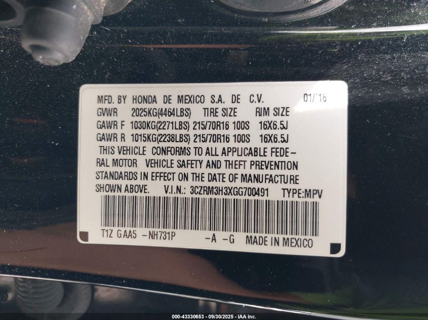 2016 Honda Cr-V Lx VIN: 3CZRM3H3XGG700491 Lot: 43330653