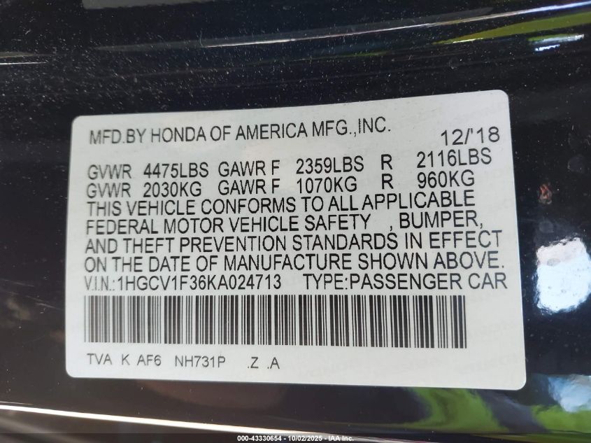2019 Honda Accord Sport VIN: 1HGCV1F36KA024713 Lot: 43330654
