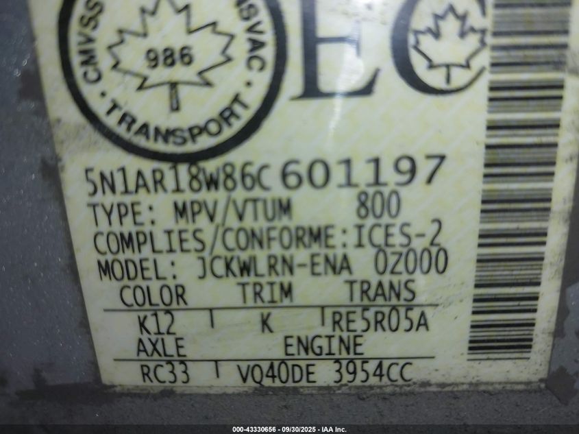 2006 Nissan Pathfinder S VIN: 5N1AR18W86C601197 Lot: 43330656