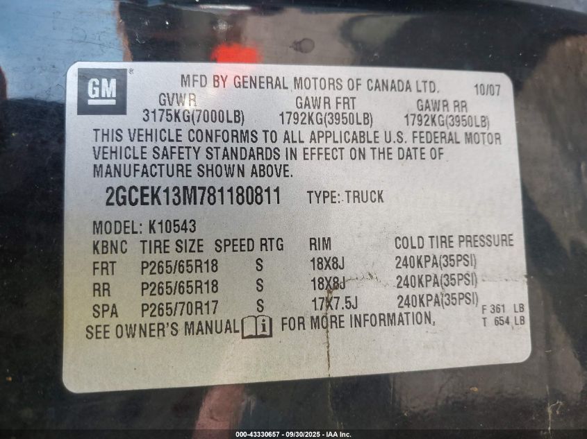 2008 Chevrolet Silverado 1500 Lt1 VIN: 2GCEK13M781180811 Lot: 43330657