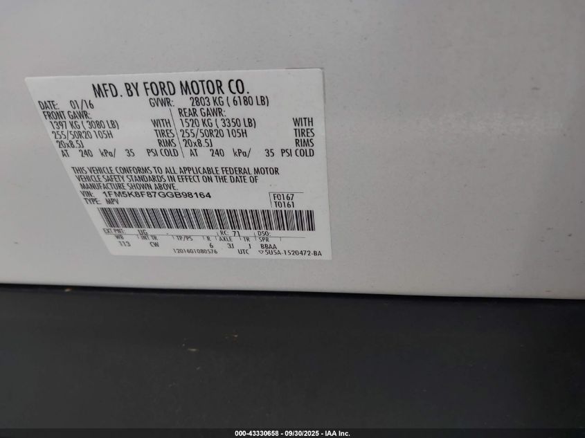 2016 Ford Explorer Limited VIN: 1FM5K8F87GGB98164 Lot: 43330658