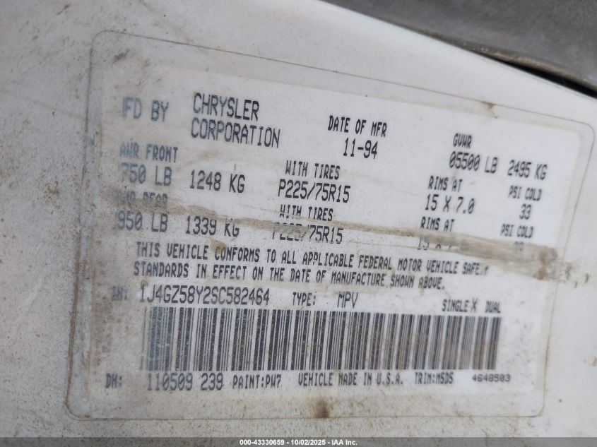 1995 Jeep Grand Cherokee Laredo VIN: 1J4GZ58Y2SC582464 Lot: 43330659