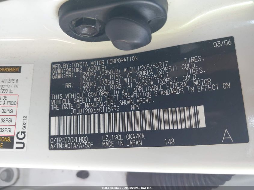 2006 Lexus Gx 470 VIN: JTJBT20X660115992 Lot: 43330675