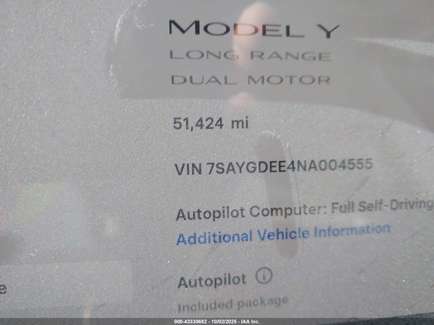 2022 Tesla Model Y Long Range Dual Motor All-Wheel Drive VIN: 7SAYGDEE4NA004555 Lot: 43330682