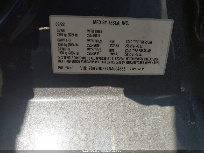2022 Tesla Model Y Long Range Dual Motor All-Wheel Drive VIN: 7SAYGDEE4NA004555 Lot: 43330682