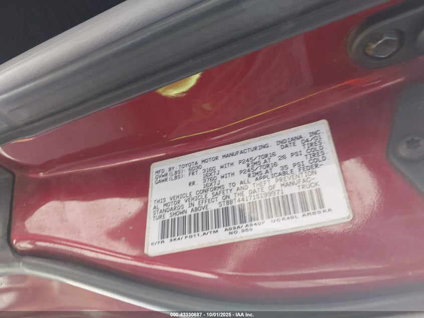 2001 Toyota Tundra Sr5 V8 VIN: 5TBBT44171S199971 Lot: 43330687