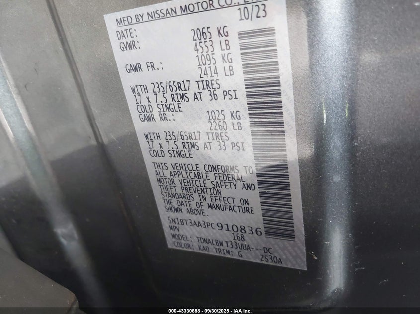 2023 Nissan Rogue S Fwd VIN: 5N1BT3AA3PC910836 Lot: 43330688