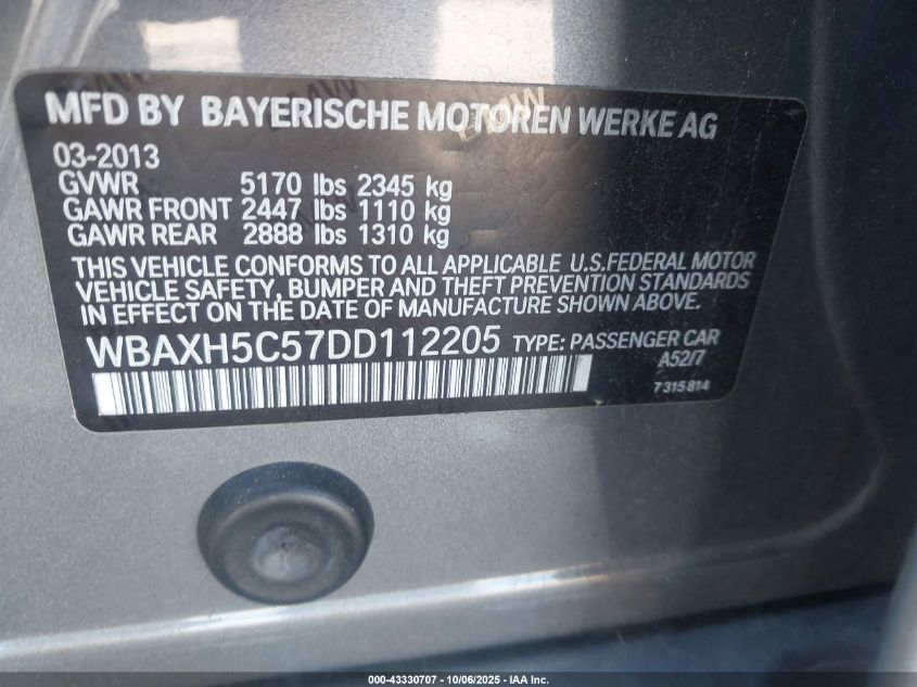 2013 BMW 528I xDrive VIN: WBAXH5C57DD112205 Lot: 43330707