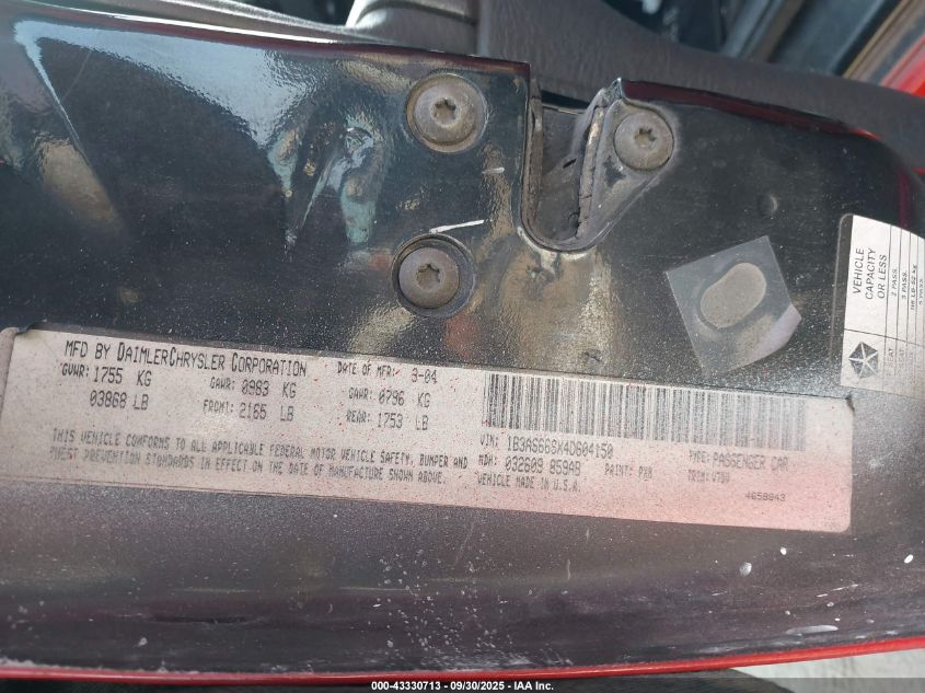 2004 Dodge Neon VIN: 1B3AS66SX4D6041 Lot: 43330713