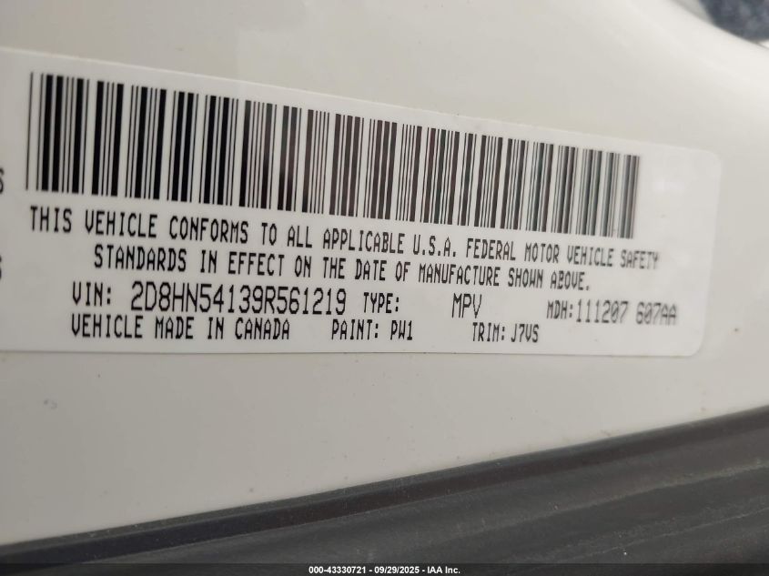 2009 Dodge Grand Caravan Sxt VIN: 2D8HN54139R561219 Lot: 43330721