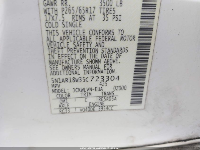 2005 Nissan Pathfinder Le VIN: 5N1AR18W35C723304 Lot: 43330739