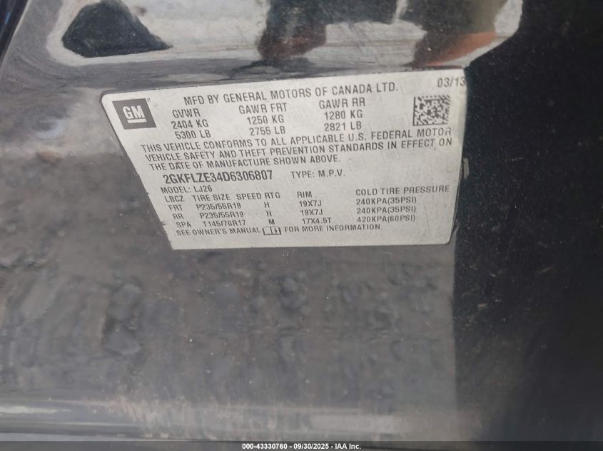 2013 GMC Terrain Denali VIN: 2GKFLZE34D6306807 Lot: 43330760