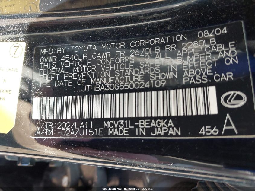 2005 Lexus Es 330 VIN: JTHBA30G550024109 Lot: 43330762