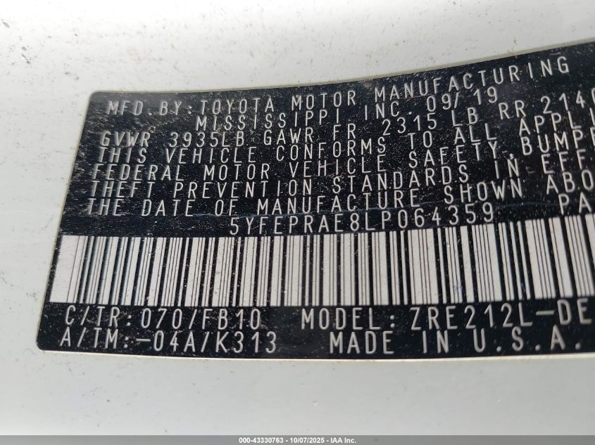 2020 Toyota Corolla Le VIN: 5YFEPRAE8LP064359 Lot: 43330763