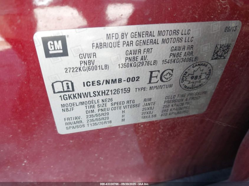 2017 GMC Acadia Slt-2 VIN: 1GKKNWLSXHZ126159 Lot: 43330766