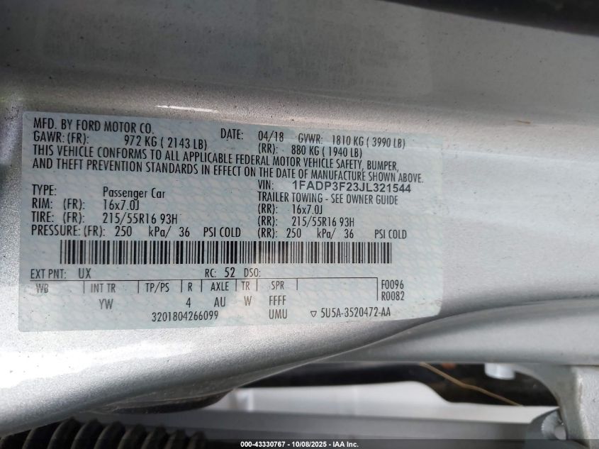 2018 Ford Focus Se VIN: 1FADP3F23JL321544 Lot: 43330767